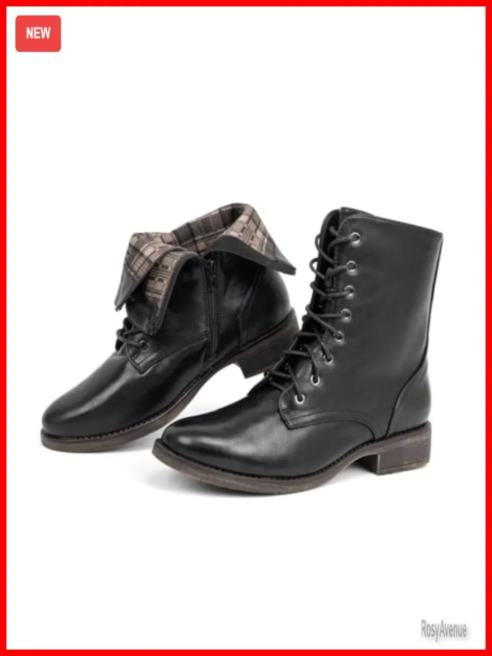 Mid Calf Boots Lace-up Military Combat Low Heel Booties with Zipper